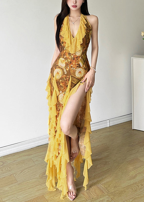 Print Open Sleeveless Yellow Sexy Ruffled Front Dress Tulle