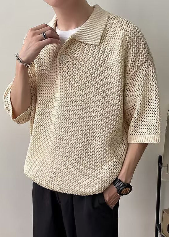 Polo Summer Shirts Men Button Coffee Hollow Out Knit Simple
