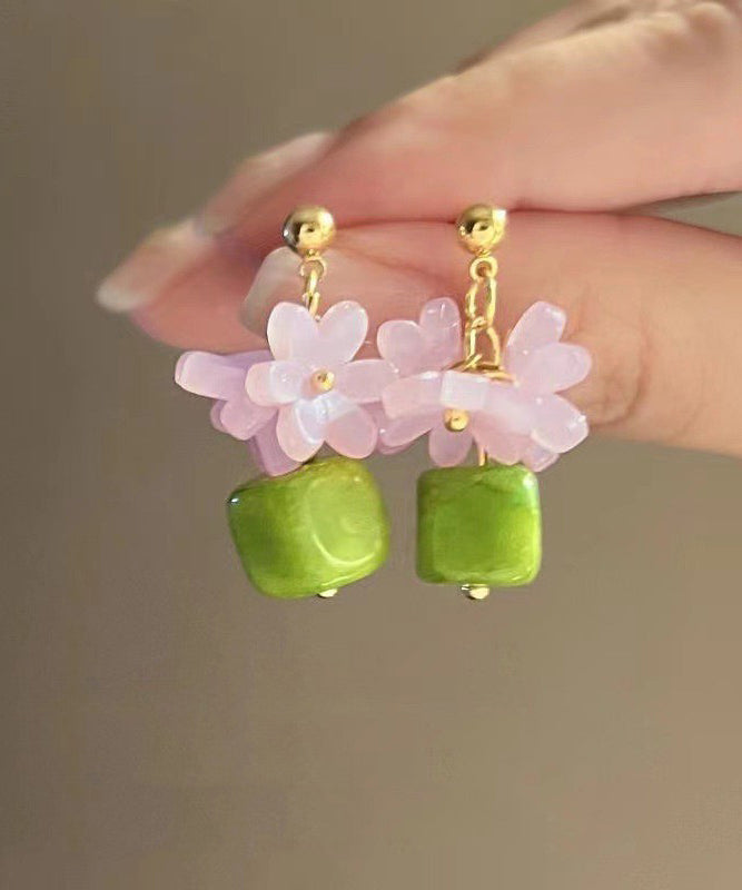 Resin Sterling Style Silver Earrings Colorblock Floral Stud