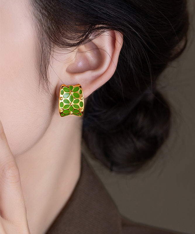 Stylish Floral Copper Hoop Earrings C-Shaped Green