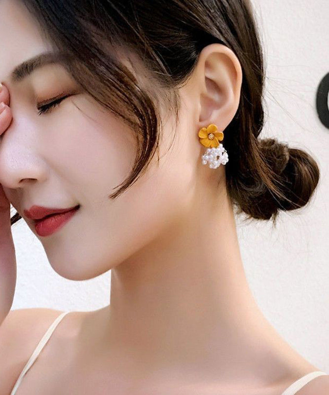 Tassel Earrings Pearl Floral Yellow Alloy Drop Stylish
