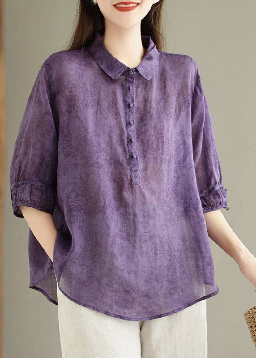 Top Shirt Print Pan Navy Cotton Collar Vintage Summer Peter