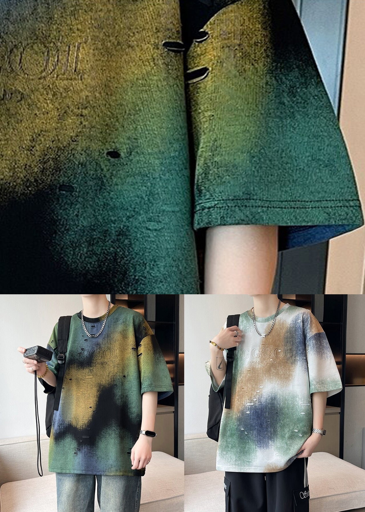 Tie Cotton Letter Dye Sleeve Shirts Half Men T White Hole