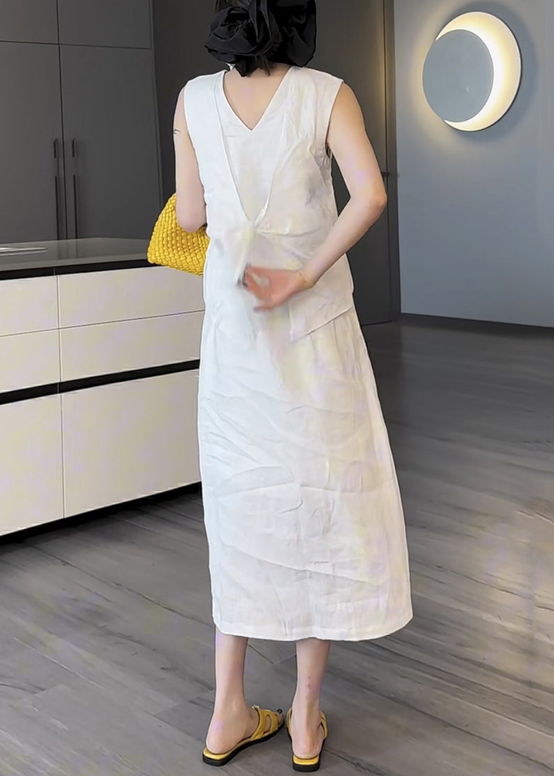 Pockets Long White Two Summer V Neck Pieces Cotton False Dress