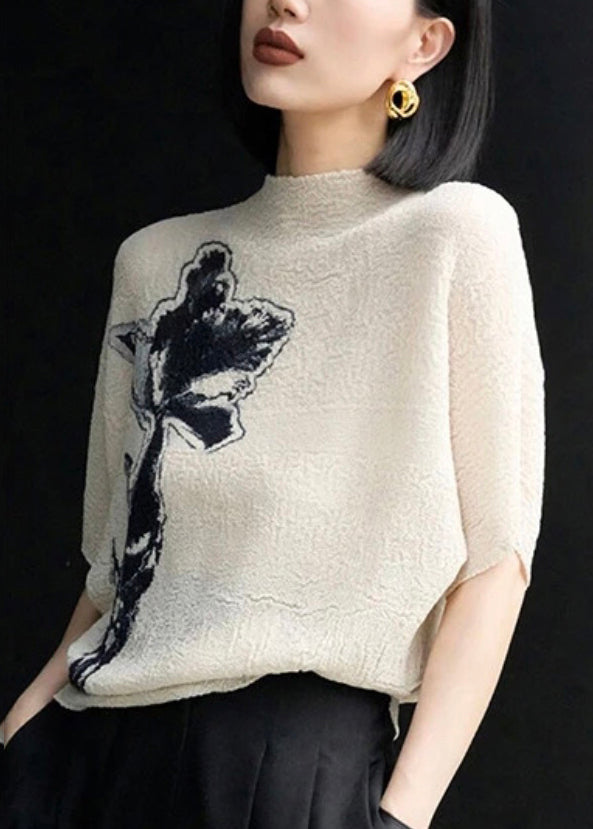 Wrinkled Print Beige Women Cotton Batwing Sleeve T Shirts