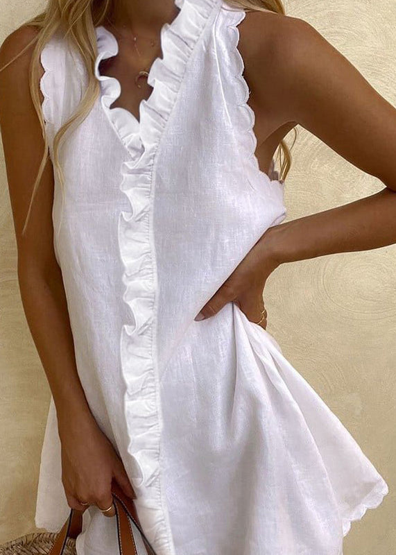 Mini Ruffled Dresses White Sleeveless Cotton Solid Women