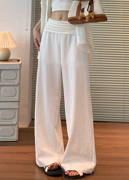 Elastic Fall Women White Pants Waist Solid Linen