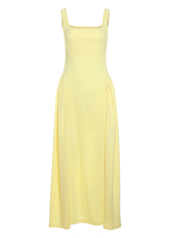 Women Yellow Patchwork Collar Square Cotton Wrinkled Summer Dress