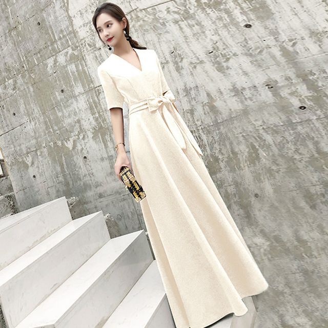 Short-Sleeve Tie-Front A-Line Evening Gown (Various Designs)