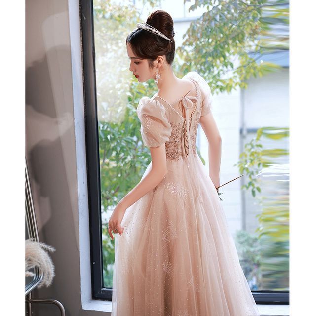 Puff-Sleeve Sequined Lace-Up Back A-Line Evening Gown (Various Designs)
