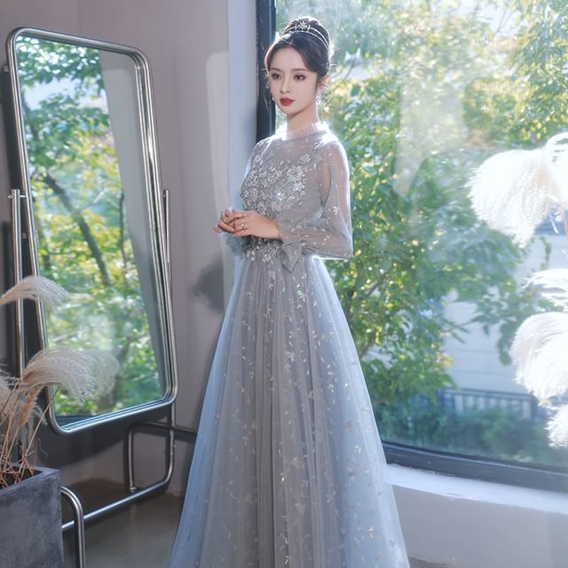 Long-Sleeve Flower Lace A-Line Evening Gown (Various Designs)