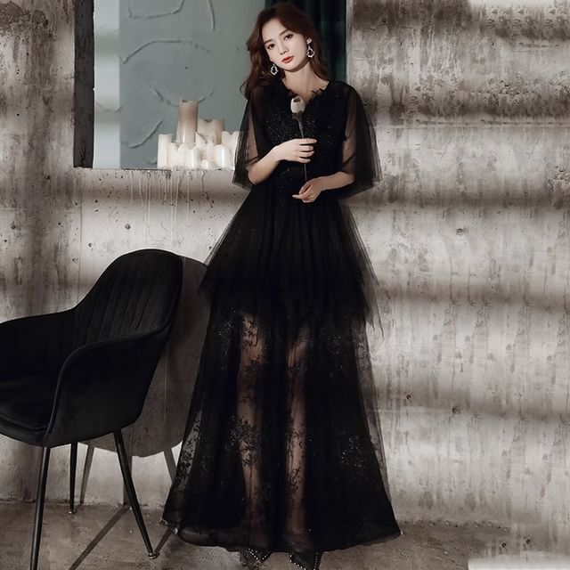 Flared-Sleeve Flower Embroidered A-Line Evening Gown