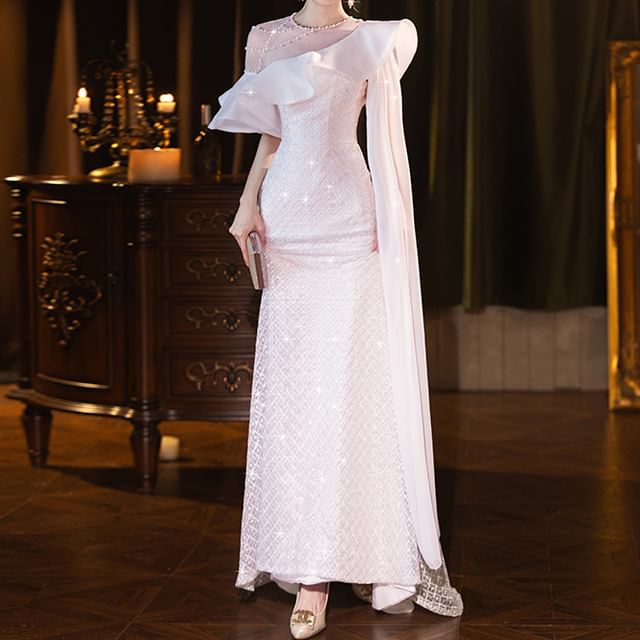 Off Shoulder Asymmetrical Mermaid Evening Gown