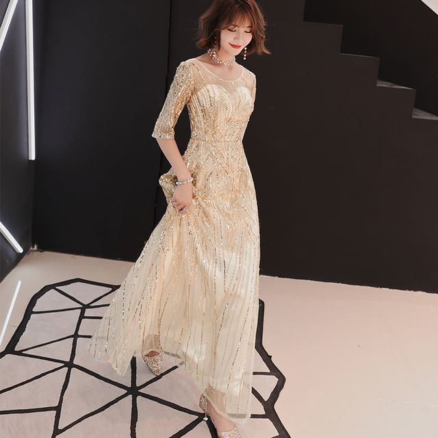 Elbow-Sleeve Round Neck Sequin A-Line Evening Gown