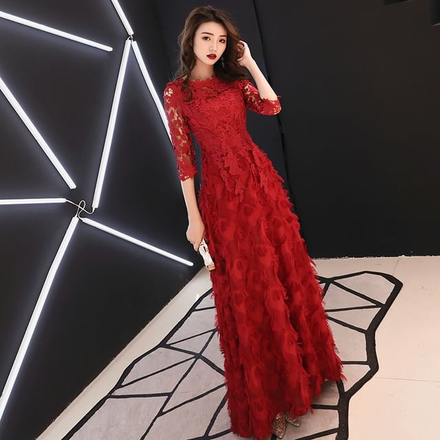 3/4-Sleeve Round Neck Lace Fringed A-Line Evening Gown / Midi Dress