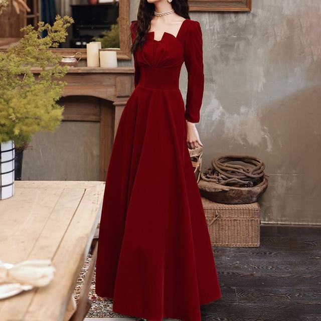 Long-Sleeve Notch Neck Plain Ruched Midi A-Line Cocktail Dress / Evening Gown