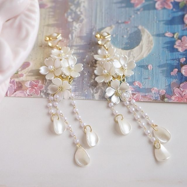 / Flower Silver Pearl Drop Faux Sterling Earring 925 Clip-On