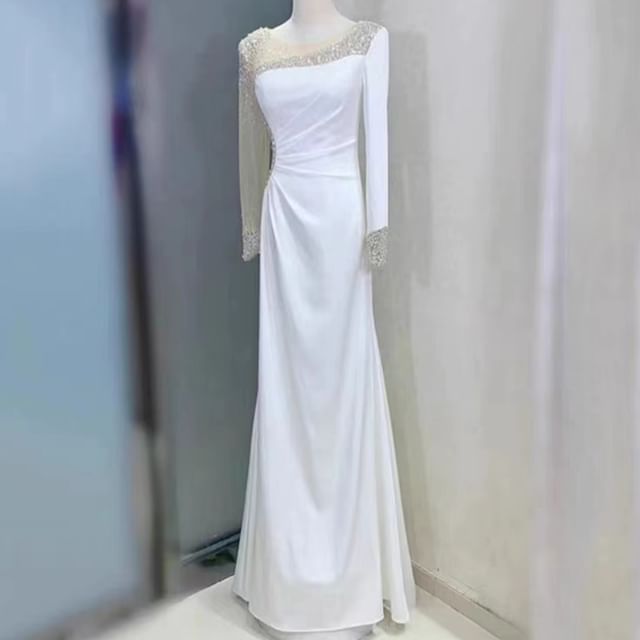 Long-Sleeve Rhinestone Sheer Panel A-Line Evening Gown