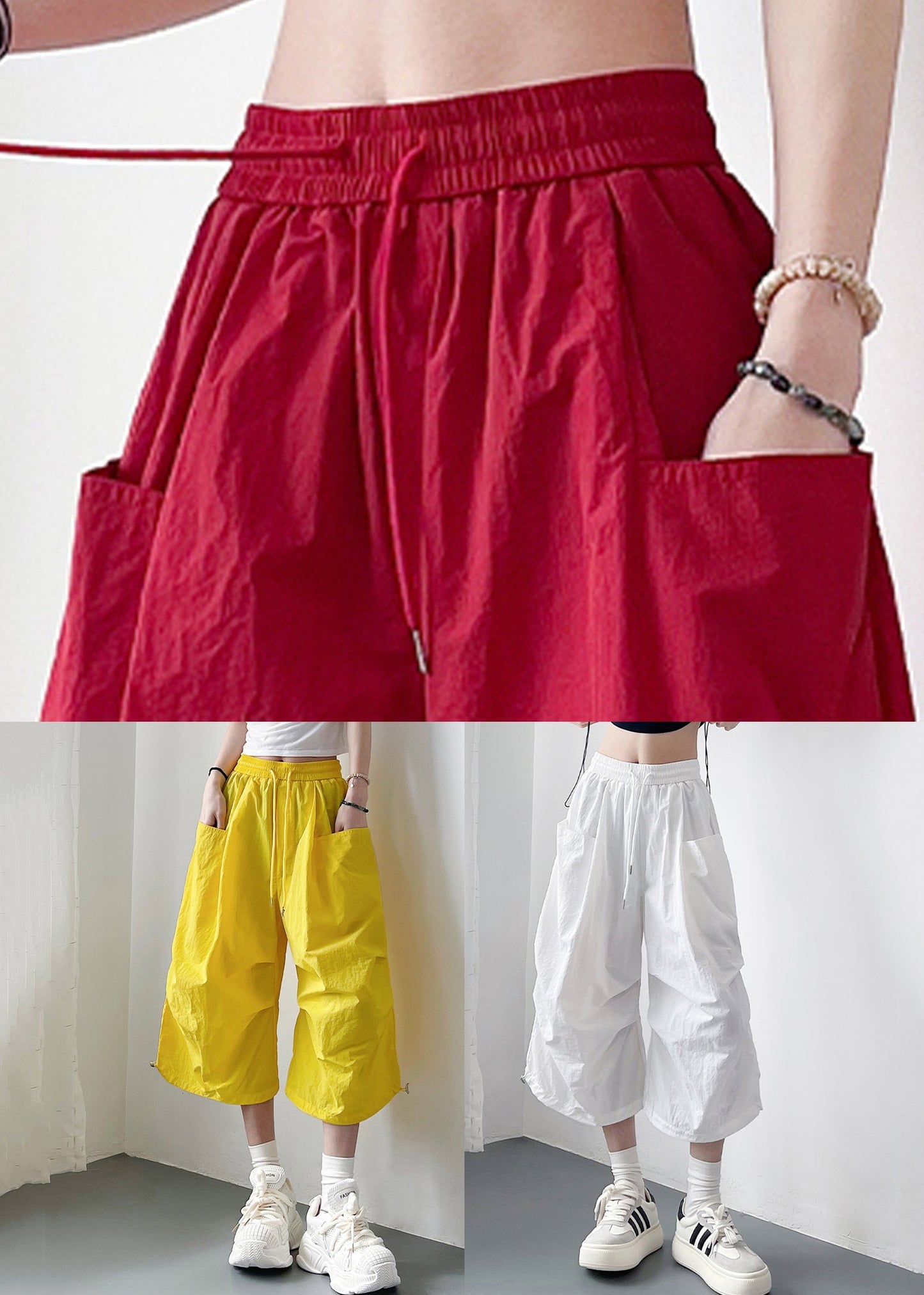 Yellow Cotton Oversized Elastic Summer Crop Pants Lace Up Waist