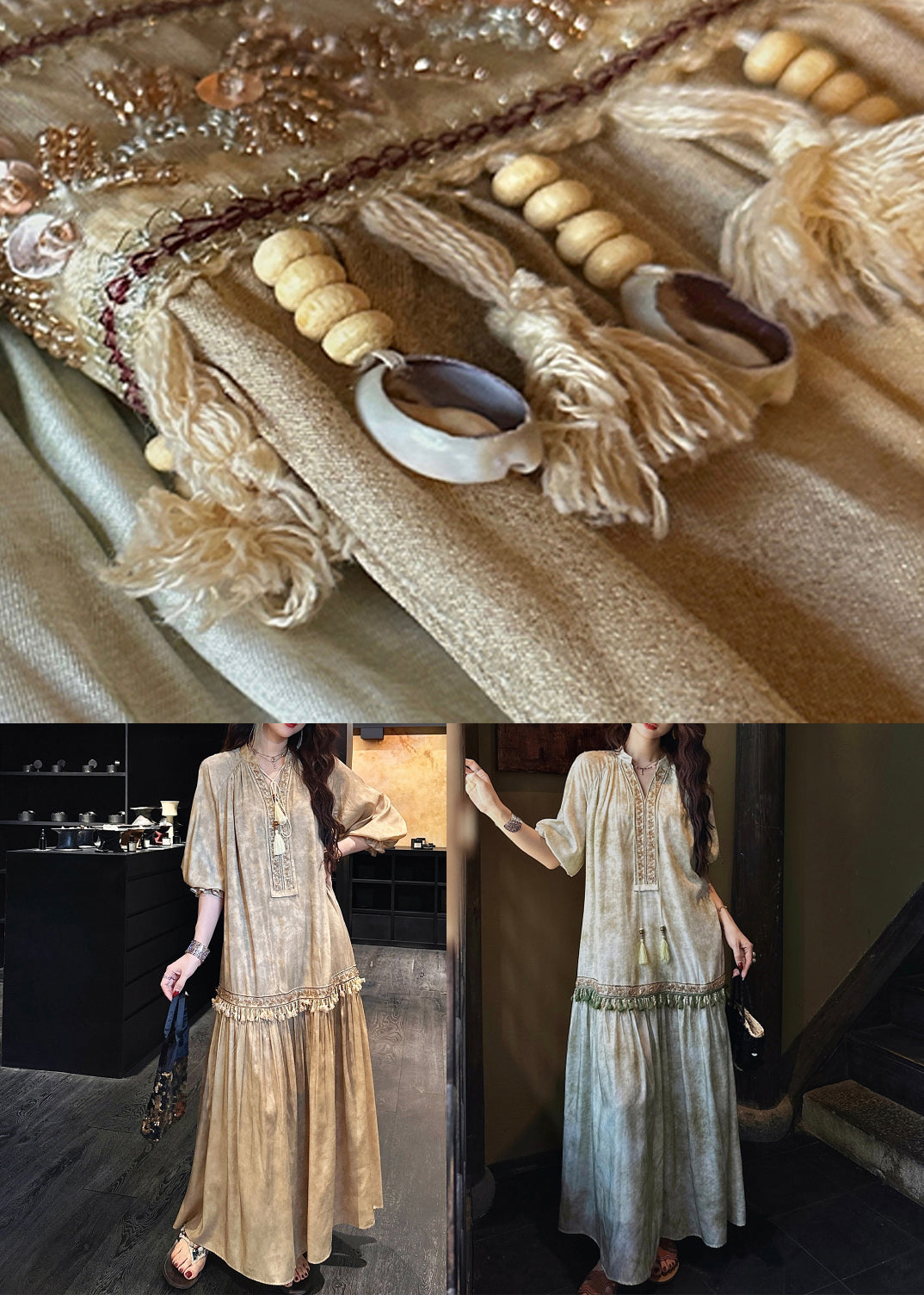 Dress Sleeve Long Yellow Silk V Tasseled Neck Half Print