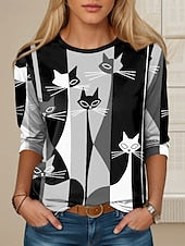 Women's T Shirt Casual Color Block Cat Print Short Sleeve