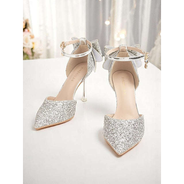 Heels Bow Toe Sparkly Glitter Silver Pointed Women's -