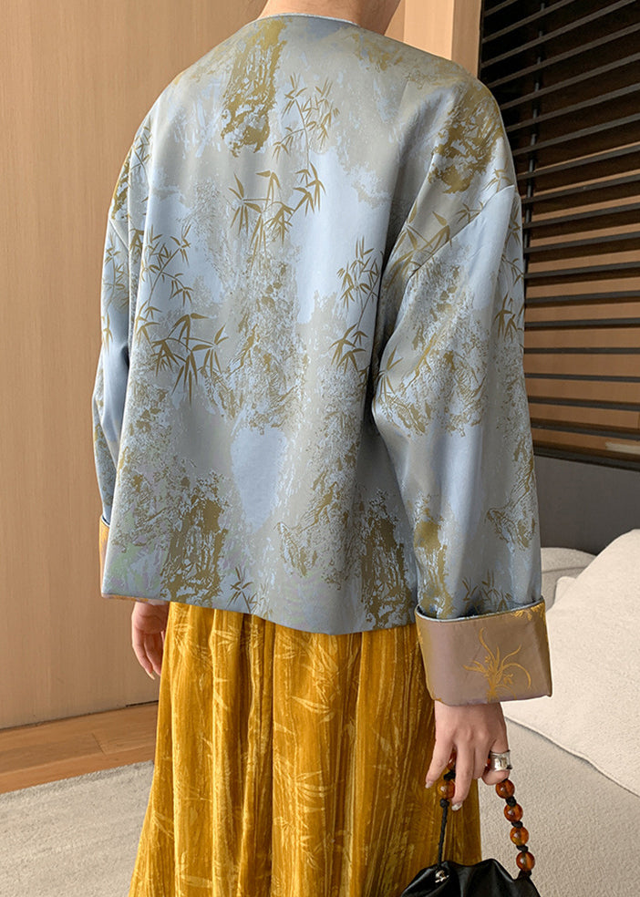 Lockerer blauer Seidenmantel mit Knopfleiste und langen Ärmeln AF1087