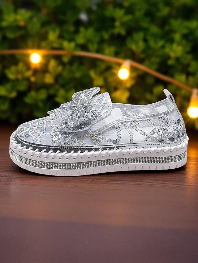 Women's Black Lace Shoes with Slip-On Rhinestone Bow