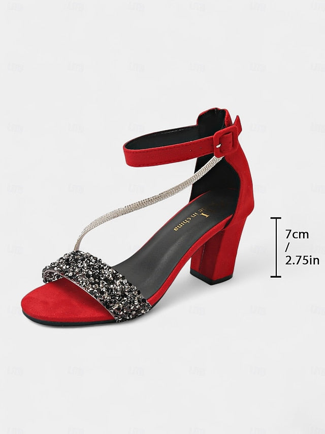 Women's Strap Sandals Heel with Ankle Block Rhinestone