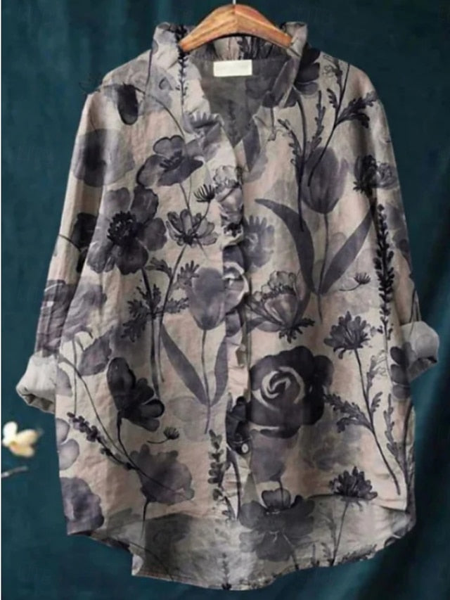 Women's Shirt Button Down Blouse Floral Stylish Casual Long