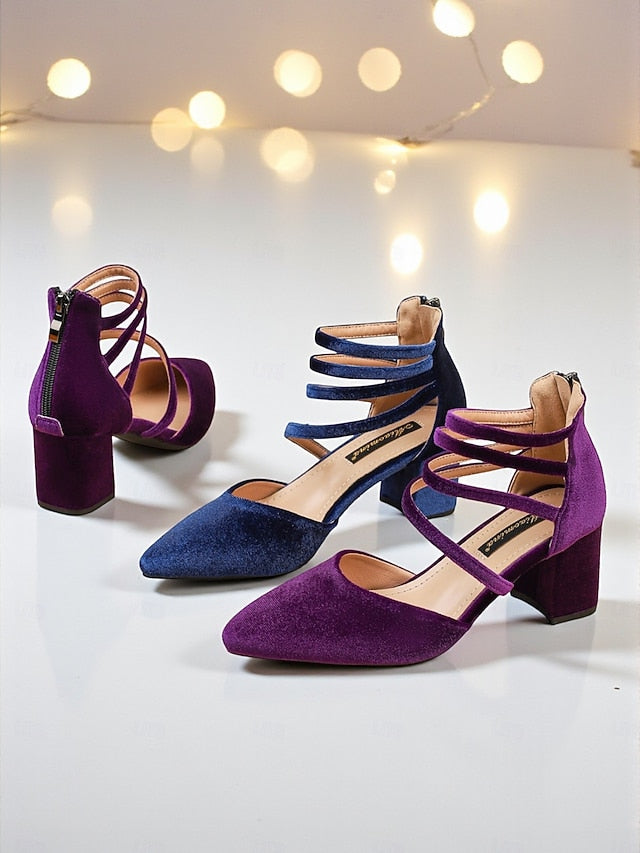 Velvet Block Pumps with Blue Heel Pointed Women's Toe