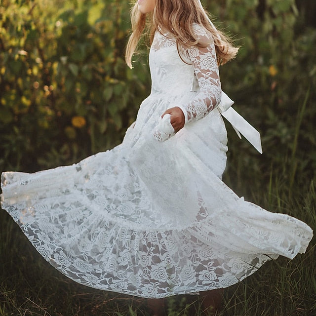 Flower Solid Girls' Long Kids Colored Girl Dress