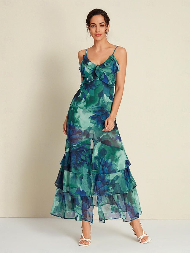 Chiffon Wedding Guest Floral Ruffle Split Ends Sleeveless Maxi
