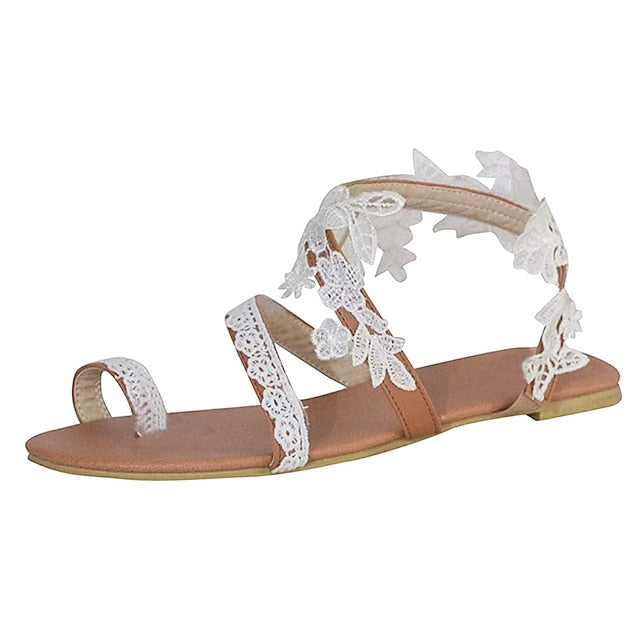 Floral Women's Sandals Flat with Bridal White Lace