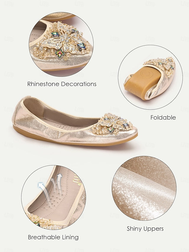 Crystal Flats Foldable Women's Gold with Glitter