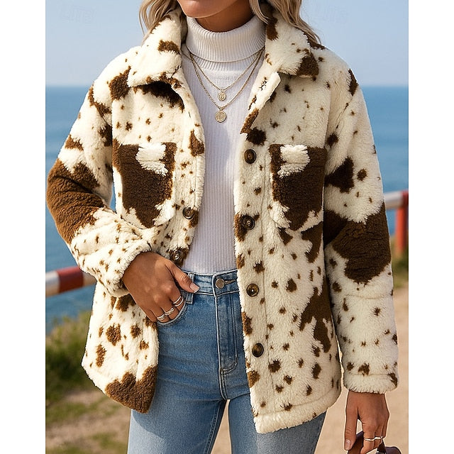 Women's Fleece Jacket Winter Coat Buttons Long Sleeve Top