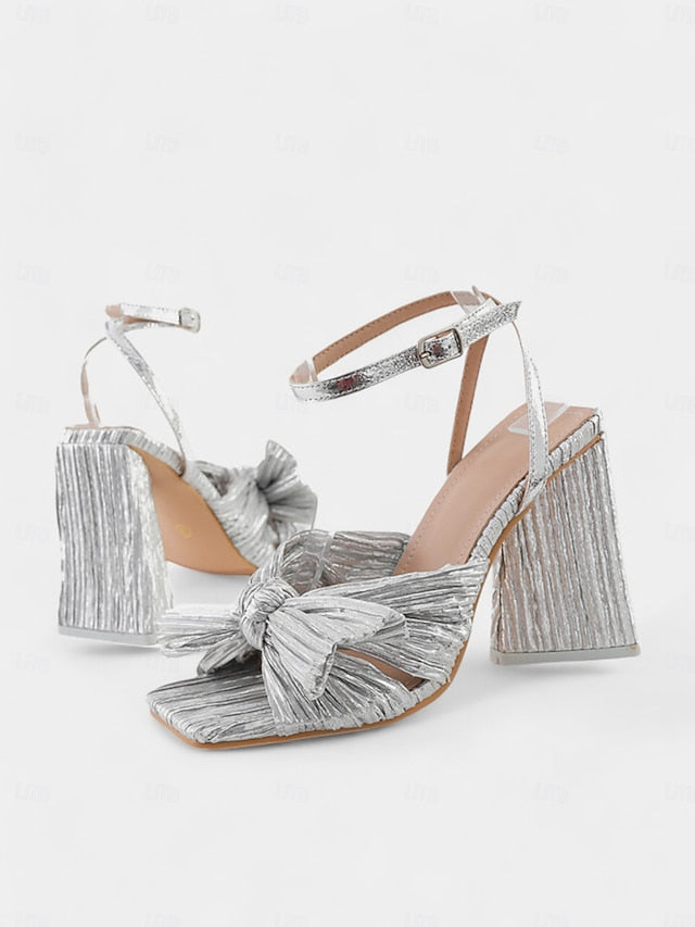 Gold Sandals Textured Block Rose Heel and Knot with Detail