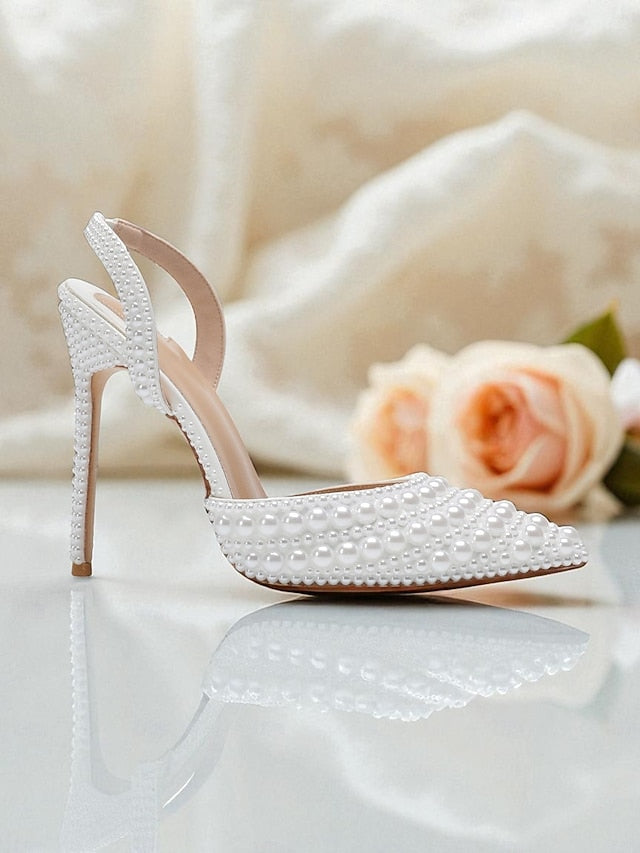 Slingback Pearl-Embellished Heels Women's Leather White -