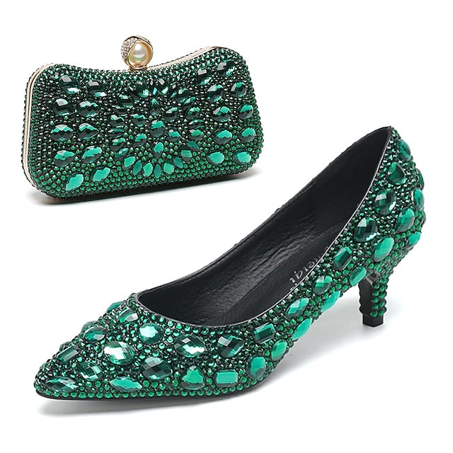 Crystal-Embellished and Shoes Heel Matching Women's Kitten