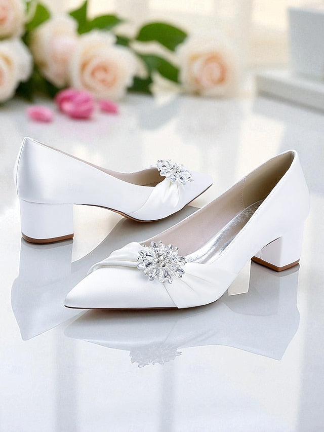 Women's Pumps with White Crystal Block Heel Low