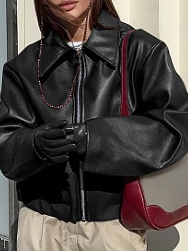 Leather Warm Pocket Faux Zipper Jacket Comfortable Women's