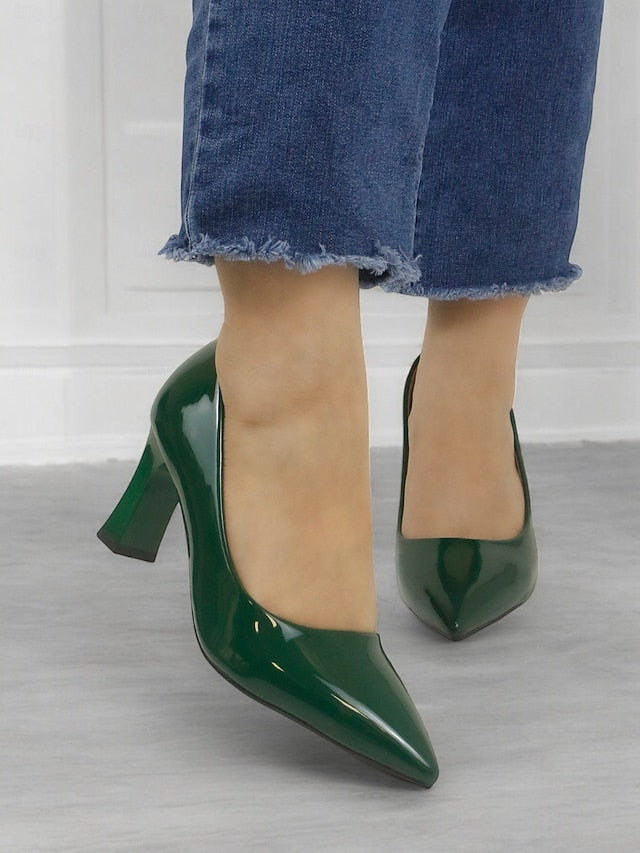 Faux Green Heel Leather Pointed-Toe Patent Block Glossy Pumps