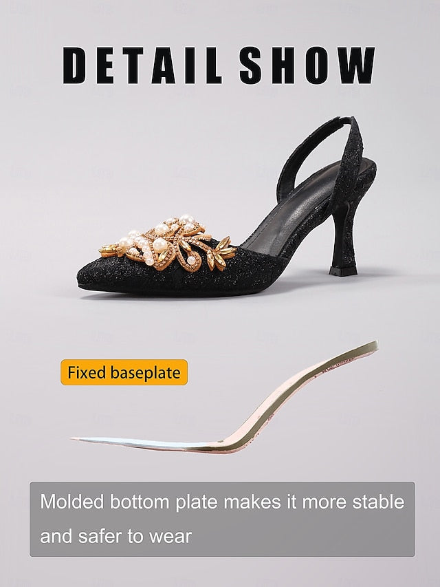 Slingback Detailing Heels Pearl - Women's Black with Satin