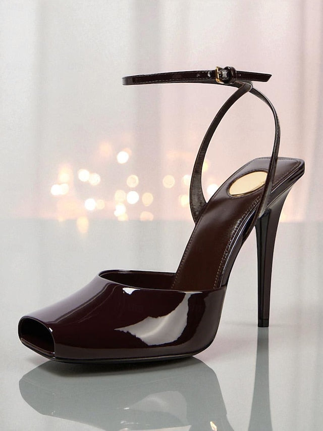 Peep Green High Patent Dark Leather Women's Toe - Heels