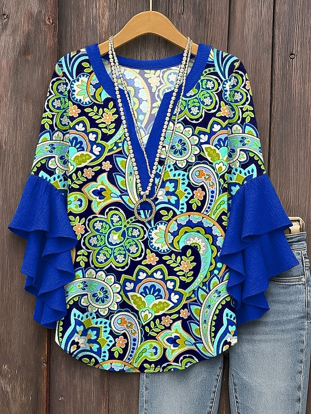 Women's Retro Blouse Layered Ruffle Sleeve Tops Vintage