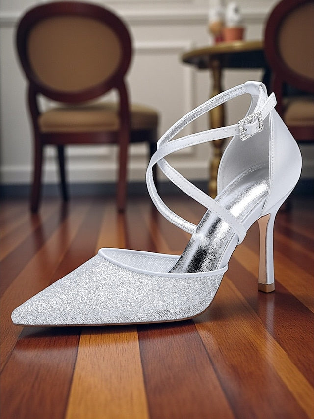Elegant Strap - Silver Ankle Heels Glitter Stiletto Women's