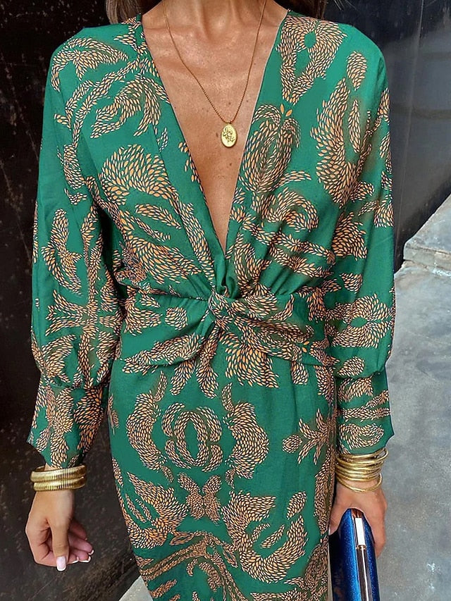 Women's Graphic Print V Neck Maxi Dress Long Sleeve Spring