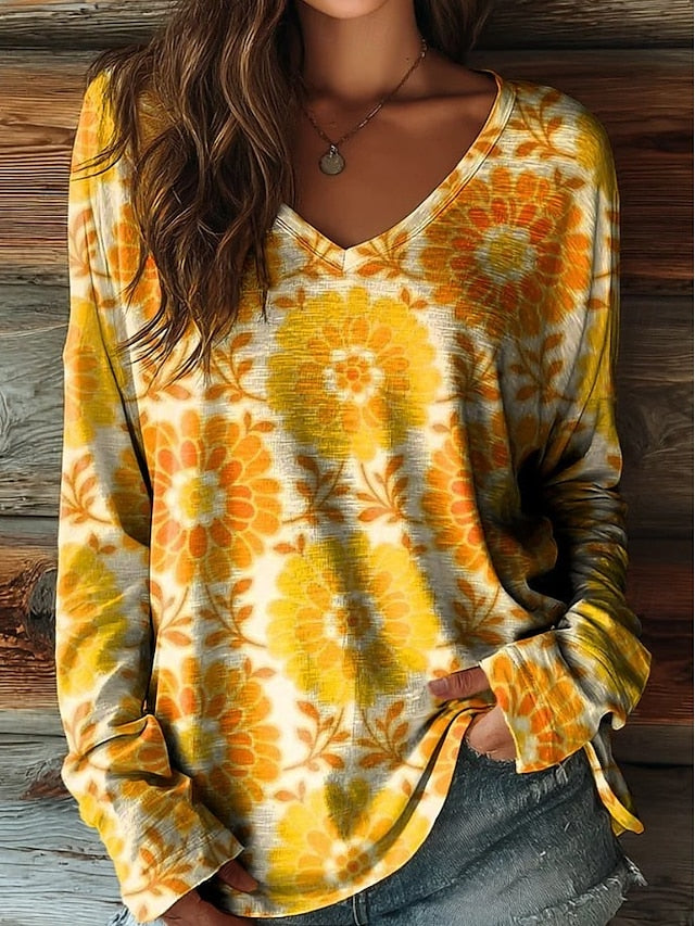 Women's T shirt Long Sleeve Floral Graphic Plants Vintage