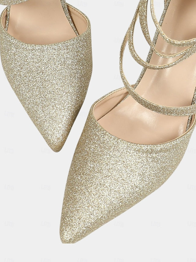 Wrap High Glitter Ankle Toe Pointed Women's Strappy Heels -