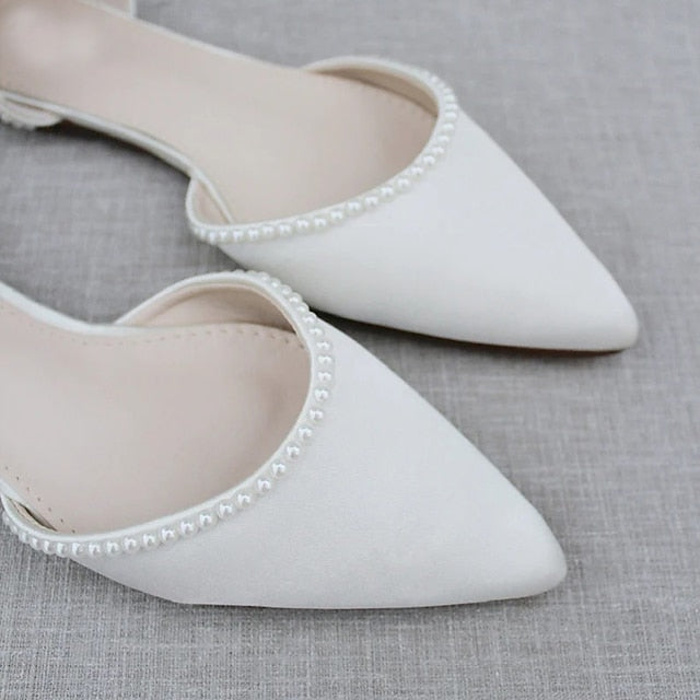 Toe Shoes Women's Pearl-Embellished Flat Pointed White with